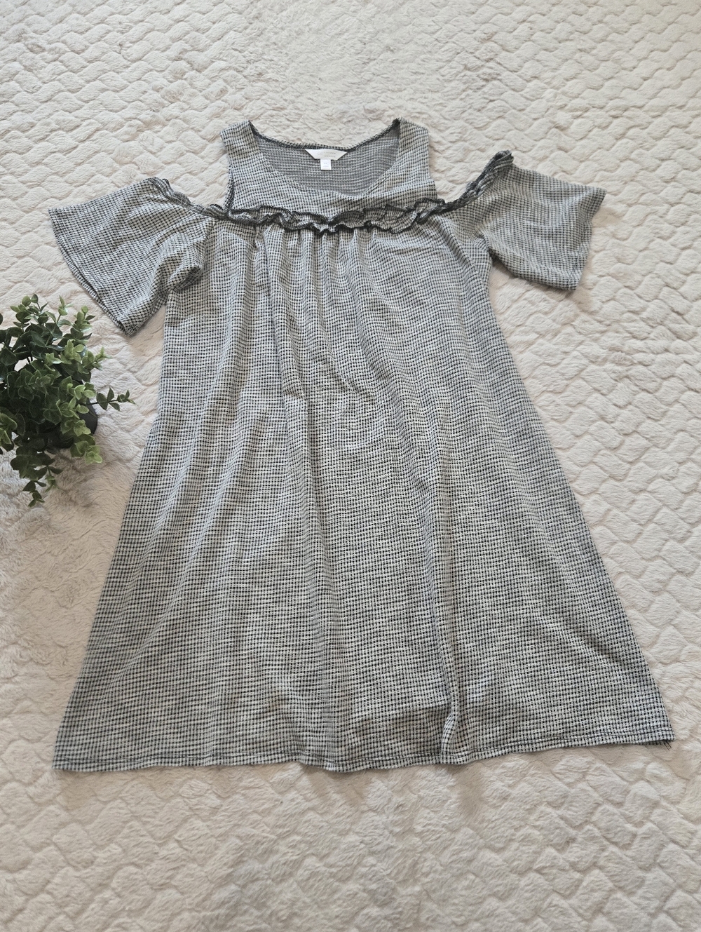LC Lauren Conrad Black and Tan Gingham Ruffle Cold-Shoulder Dress, Size Medium